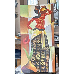 Original Colorful Oil Painting Of African Woman Holding A Water Jug Canvas Art